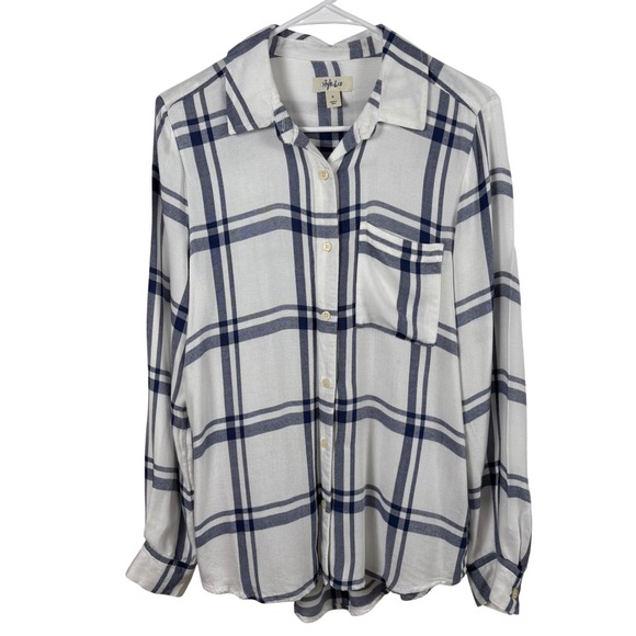 Style & Co Tops - Style & Co Button-Down Shirt Women's S White Navy Plaid Long-Sleeve Soft Preppy